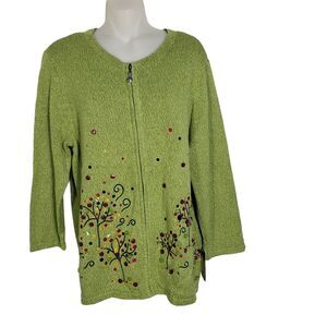 Breckenridge Womens Cardigan Sweater Medium Green Full Zip Embellished Fall Tree